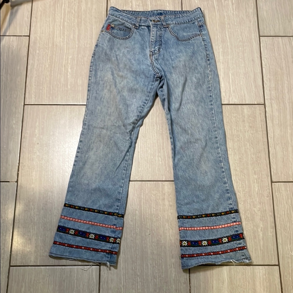 Blue Flare Outlaw Jeans with Colorful Ribbons on Hem